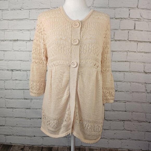 WOMENS CARDIGAN BY MADDI, 3/4 SLEEVE , BUTTON FRONT, BUTTERY CREAM COLOR - Picture 1 of 12
